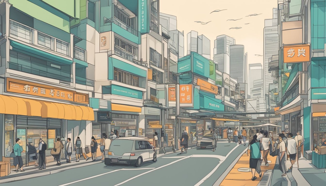 A bustling street in Novena, Singapore, with a prominent sign reading "Best Licensed Money Lender." People are seen entering and exiting the establishment, with a sense of urgency and purpose