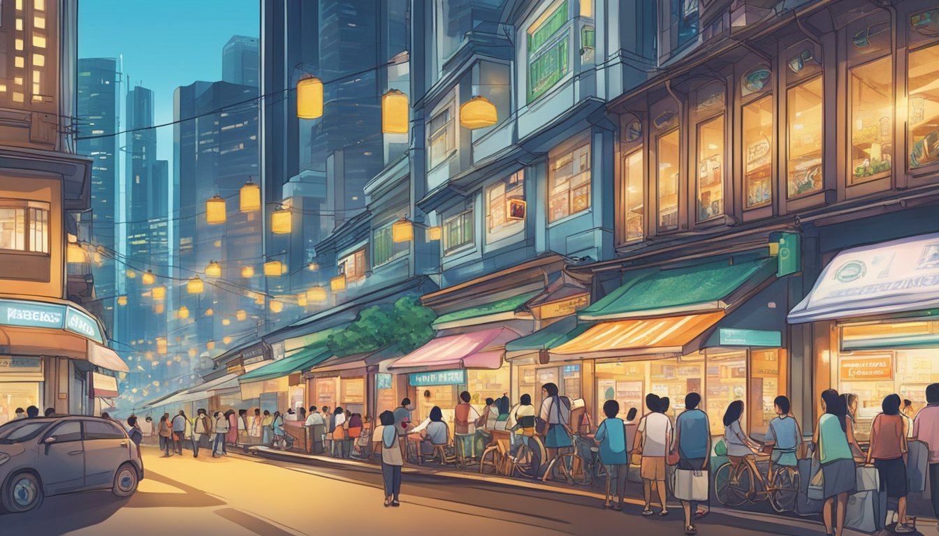 A bustling street in Orchard, Singapore, with a prominent sign reading "Best Licensed Money Lender." Bright lights and busy storefronts create a vibrant atmosphere