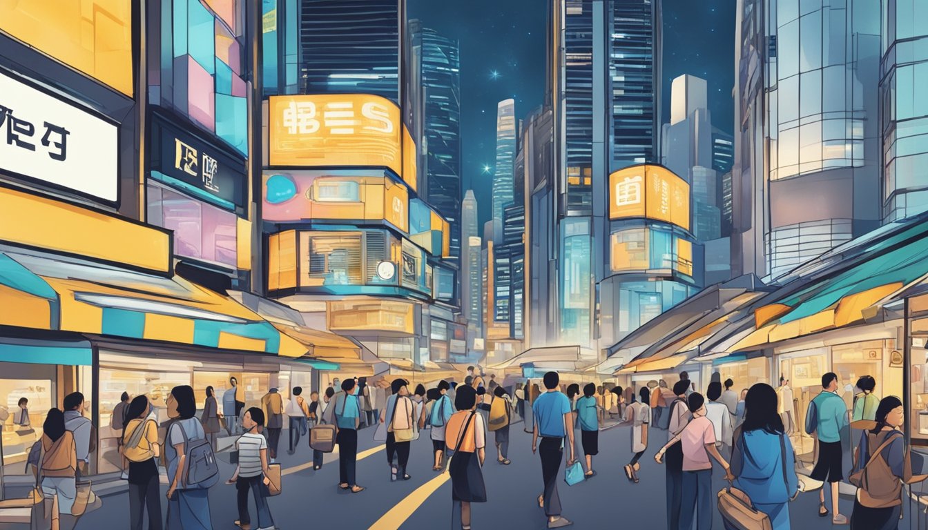 A bustling street in Orchard, Singapore, with a prominent sign displaying "Best Licensed Money Lender." Bright lights and a steady flow of people suggest a thriving business district
