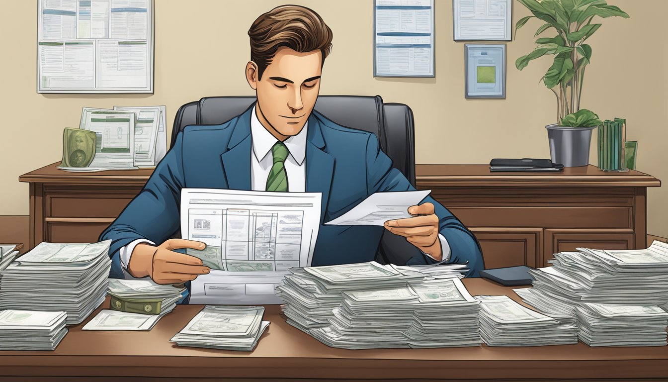 A well-dressed individual sits at a desk, carefully reviewing loan documents and comparing interest rates. A sign on the wall displays the licensed money lender's logo and contact information. The office is clean and professional, with a comfortable atmosphere