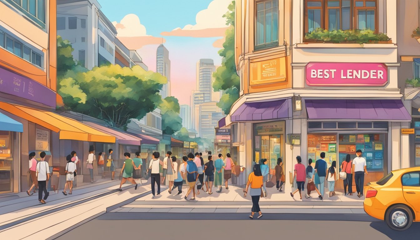 A bustling street in Orchard, Singapore, with a prominent sign reading "Best Licensed Money Lender." People walk by as the sun sets, casting a warm glow on the colorful storefronts