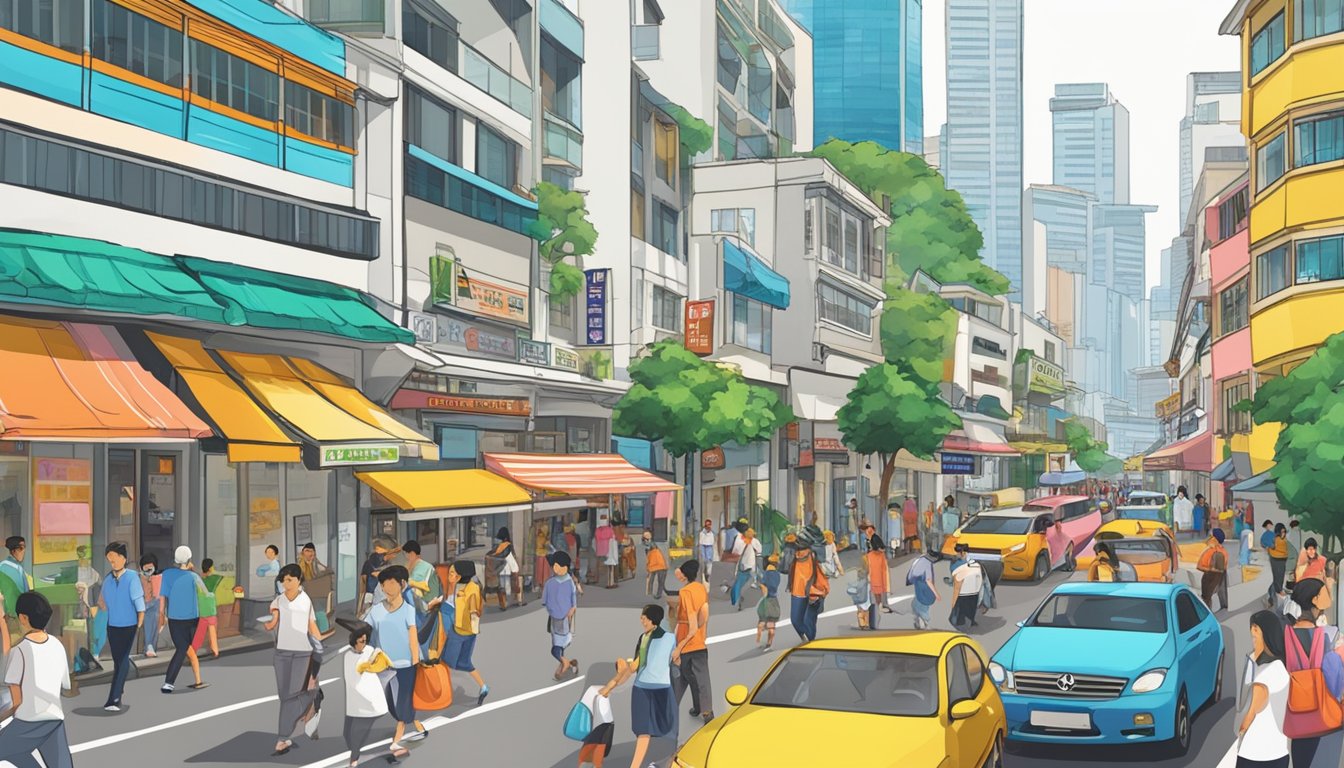 A bustling street in Marine Parade, Singapore, with a prominent sign for the "Best Licensed Money Lender" among colorful storefronts and busy foot traffic