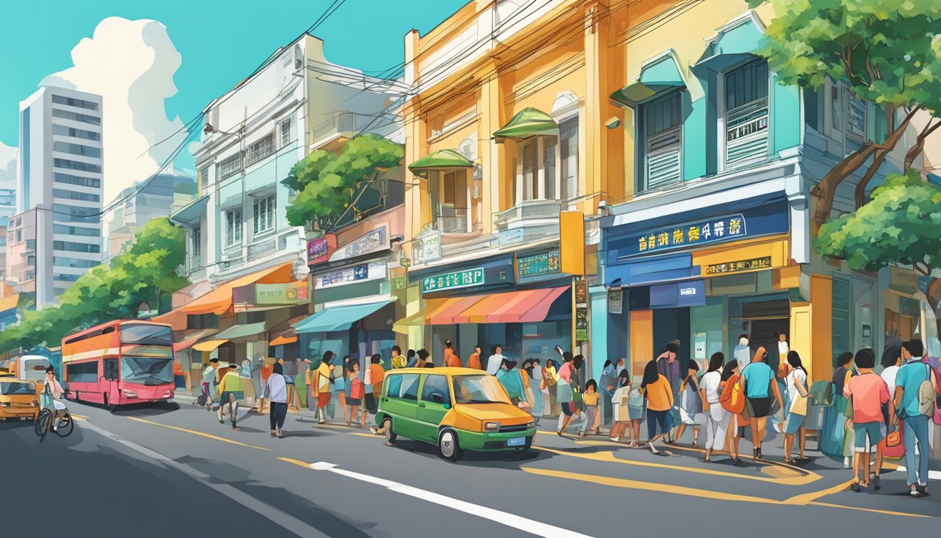 A bustling street in Tanjong Katong, with a prominent sign for the best licensed money lender. Bright colors and busy foot traffic
