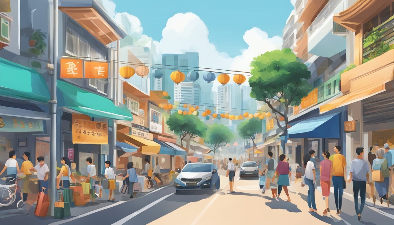 A bustling street near Katong Park, with a prominent sign for a licensed money lender, surrounded by shops and people