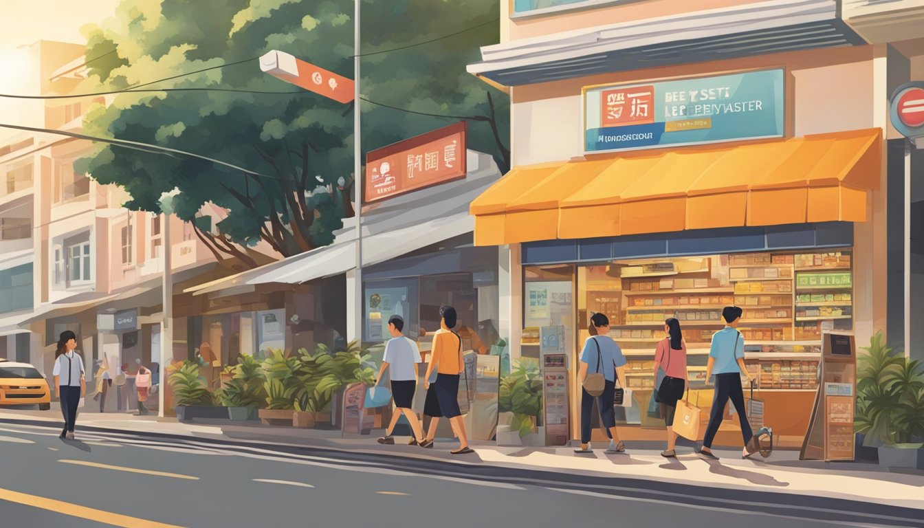 A bustling street in Siglap, Singapore, with a prominent sign advertising the best licensed money lender. Pedestrians walk by as the sun sets, casting a warm glow on the storefront