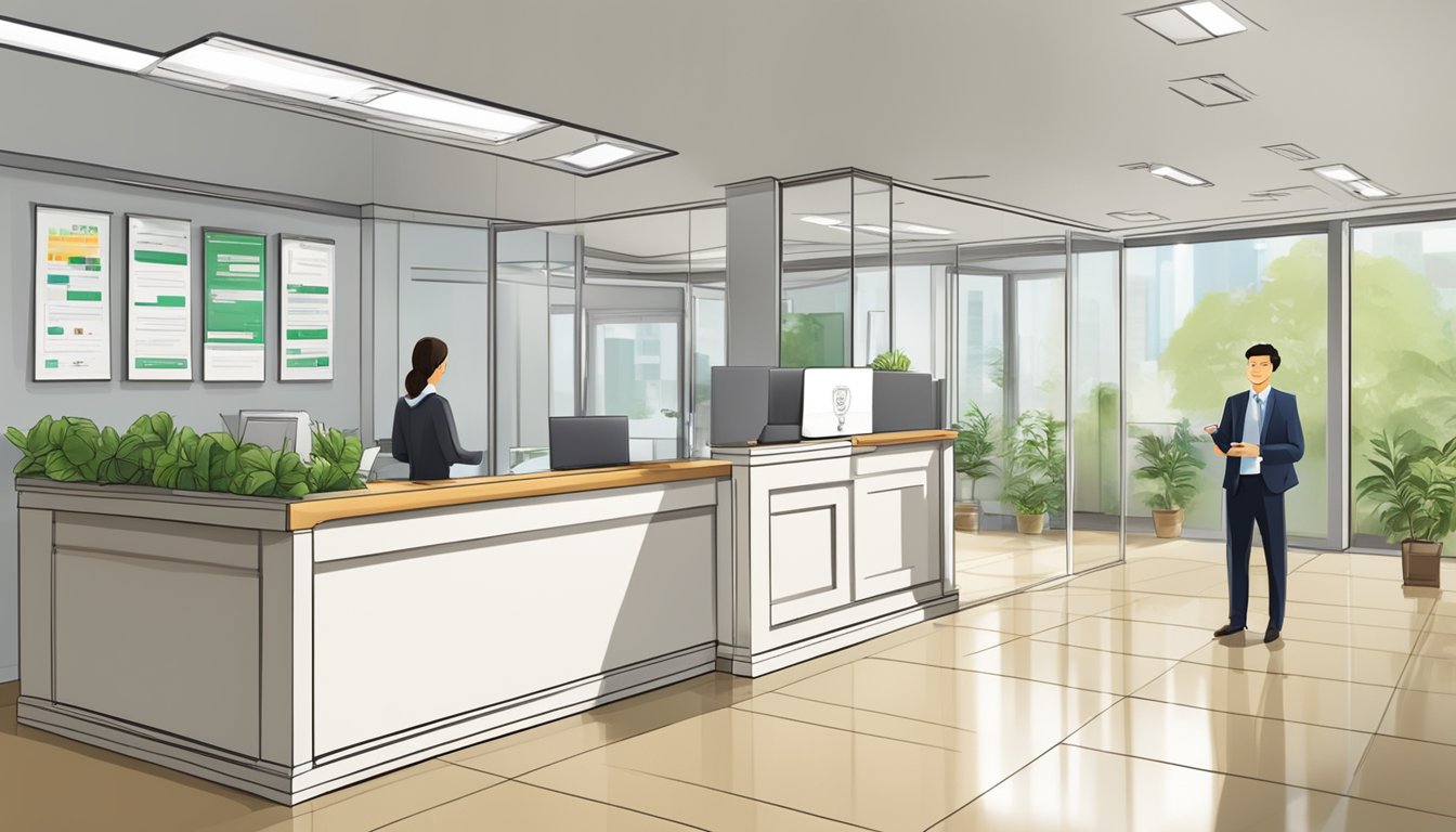 A clean and professional office with a sign reading "Best Licensed Money Lender In Siglap Singapore." A friendly receptionist assists a customer