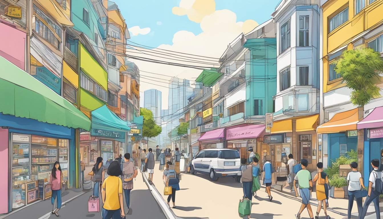 A bustling street near Marine Parade, with colorful shopfronts and a prominent sign for the "Best Licensed Money Lender."
