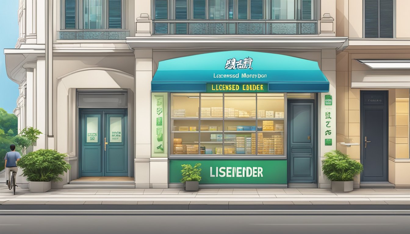 A storefront with a prominent sign reading "Licensed Money Lender" in Marine Parade, Singapore. The building is clean and well-maintained, with a professional and trustworthy appearance