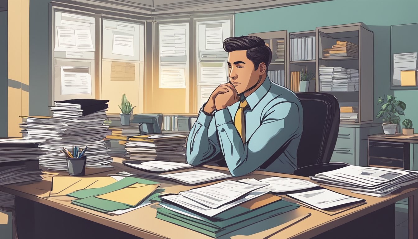 A person sitting at a desk, surrounded by paperwork and a computer, contemplating financial options. The room is well-lit and organized, with a sense of focus and determination