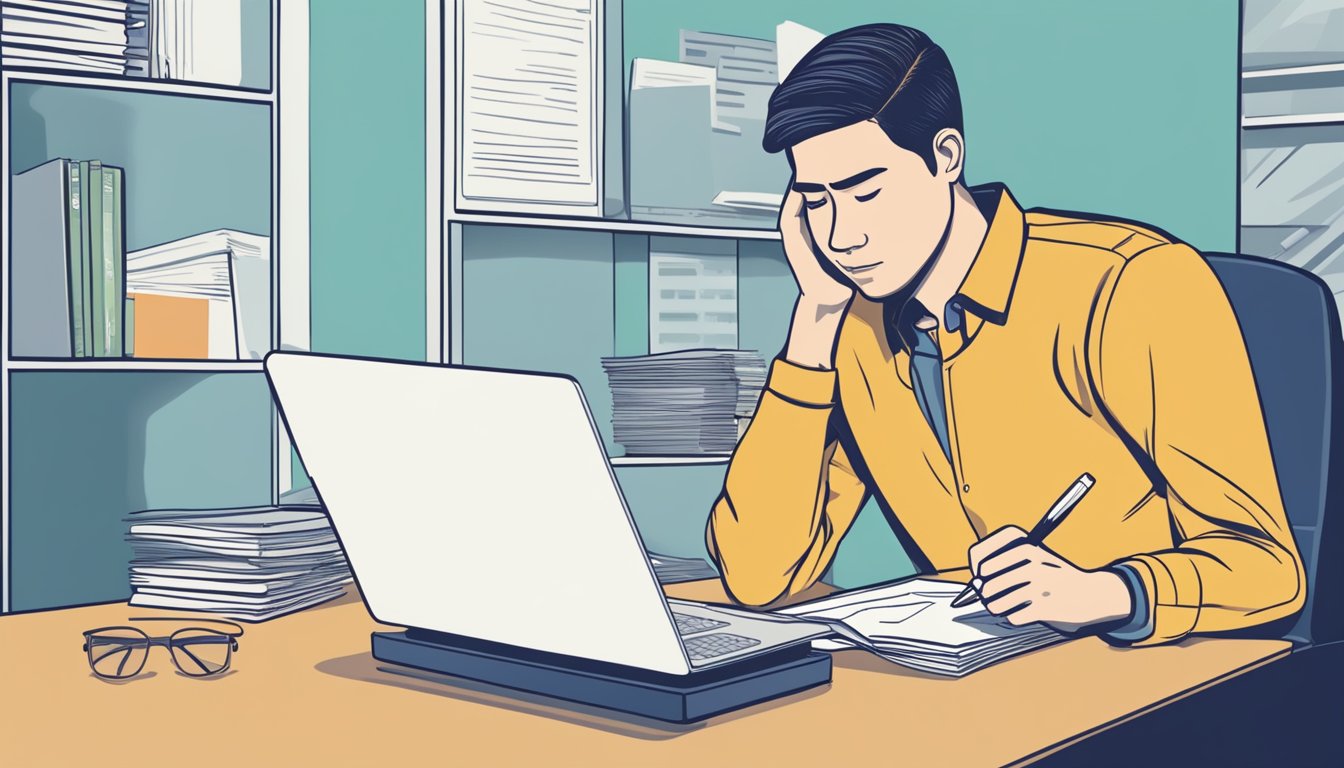 A person sitting at a desk, surrounded by paperwork and a laptop, with a thoughtful expression while considering borrowing from a licensed money lender near Marine Parade, Singapore