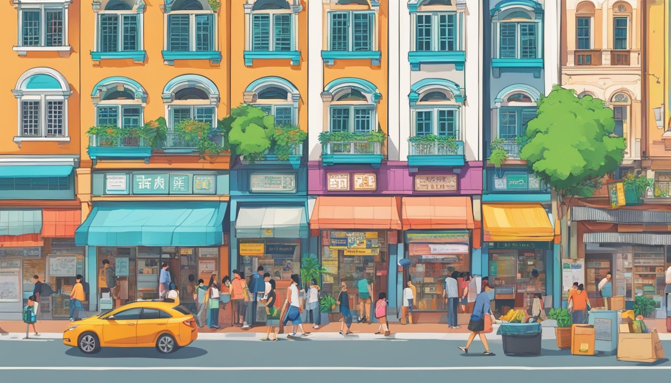 A bustling street in Tanjong Katong, with a prominent sign for the best licensed money lender. Vibrant colors and diverse storefronts line the busy thoroughfare