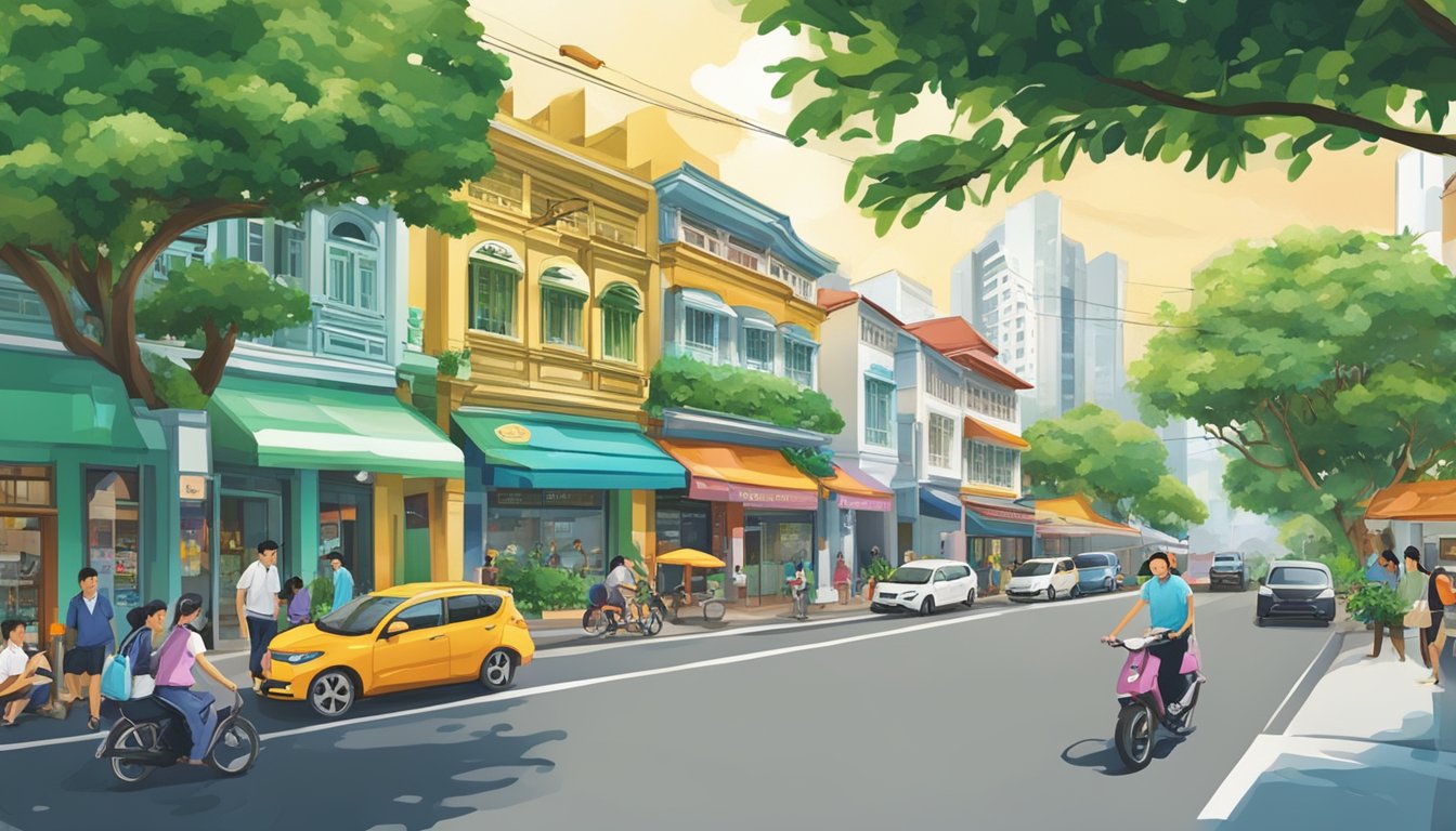 A bustling street near Katong Park with a prominent sign for the best licensed money lender in Singapore. Surrounding buildings and greenery add to the vibrant atmosphere