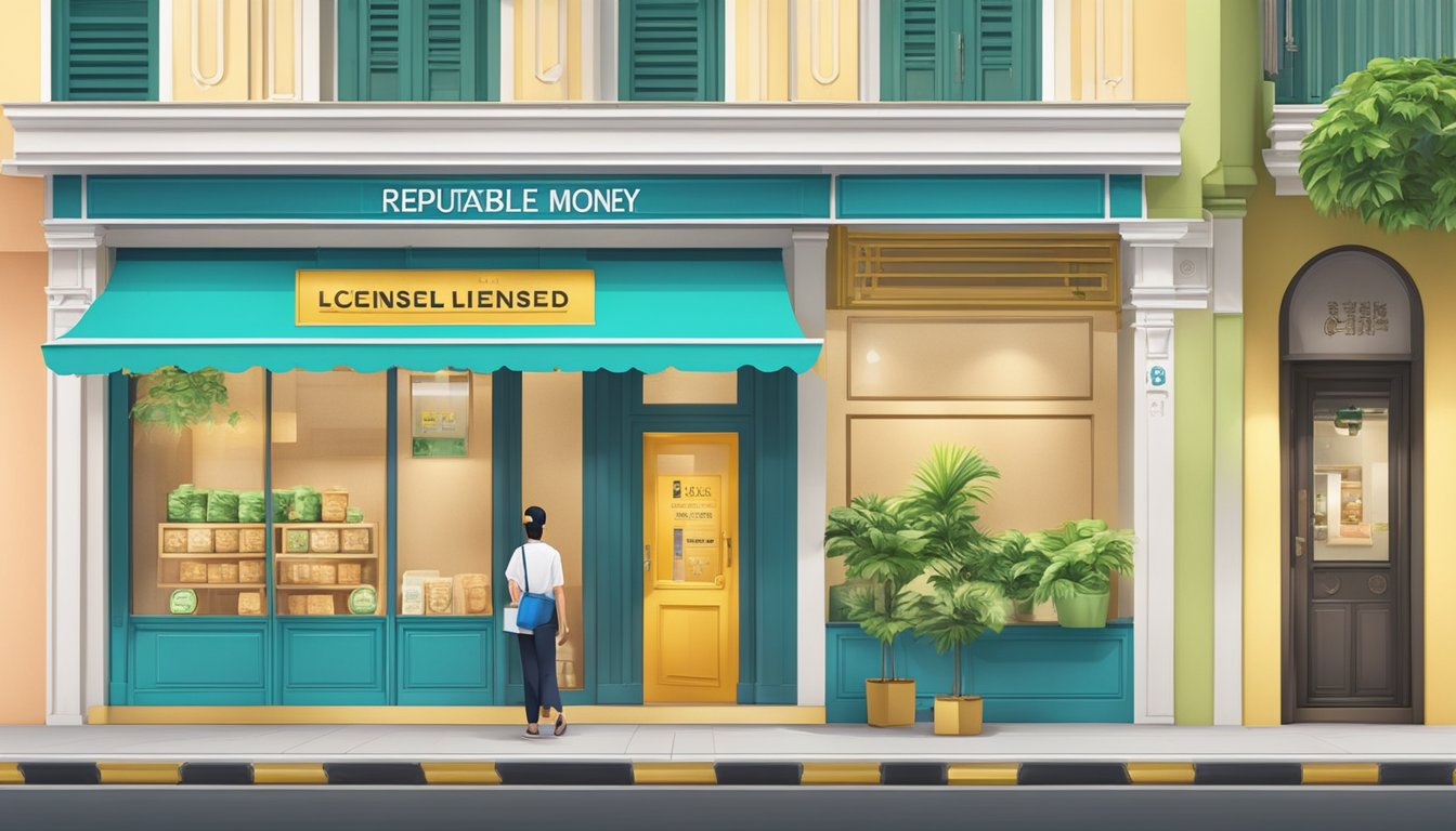 A storefront with a prominent sign reading "Reputable Licensed Money Lender" in Tanjong Katong, Singapore. Bright and inviting atmosphere with professional decor
