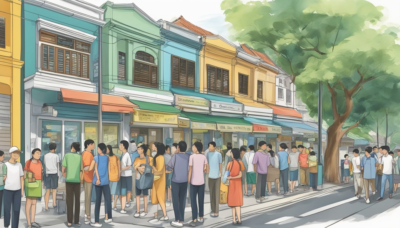 A bustling street in Katong Park, Singapore, with a prominent licensed money lender storefront and a queue of customers waiting outside. The signboard displays clear and attractive loan offers