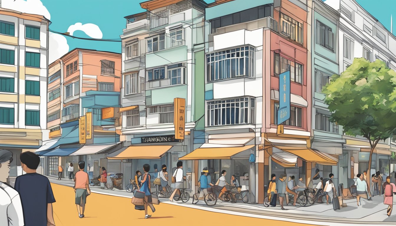 A busy street in Tanjong Katong, with a prominent sign for a licensed money lender. People walking by and a mix of traditional and modern buildings in the background