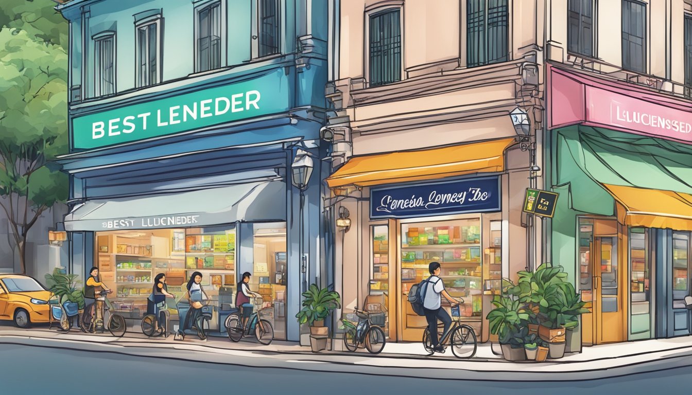 A bustling street in Somerset, Singapore, with a prominent sign for the "Best Licensed Money Lender" amidst a mix of modern and traditional storefronts