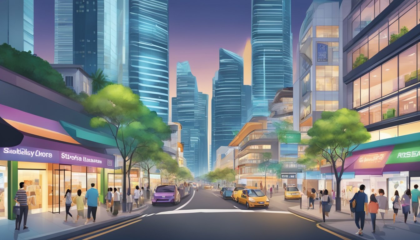 A bustling street in Somerset, Singapore, with a prominent licensed money lender's storefront, surrounded by modern buildings and a steady flow of pedestrians