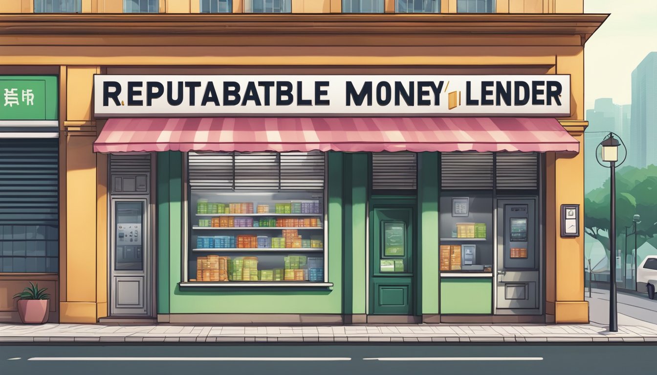 A brightly lit storefront with a prominent sign reading "Reputable Licensed Money Lender" in bold letters. The building is located in a bustling area near Somerset, Singapore