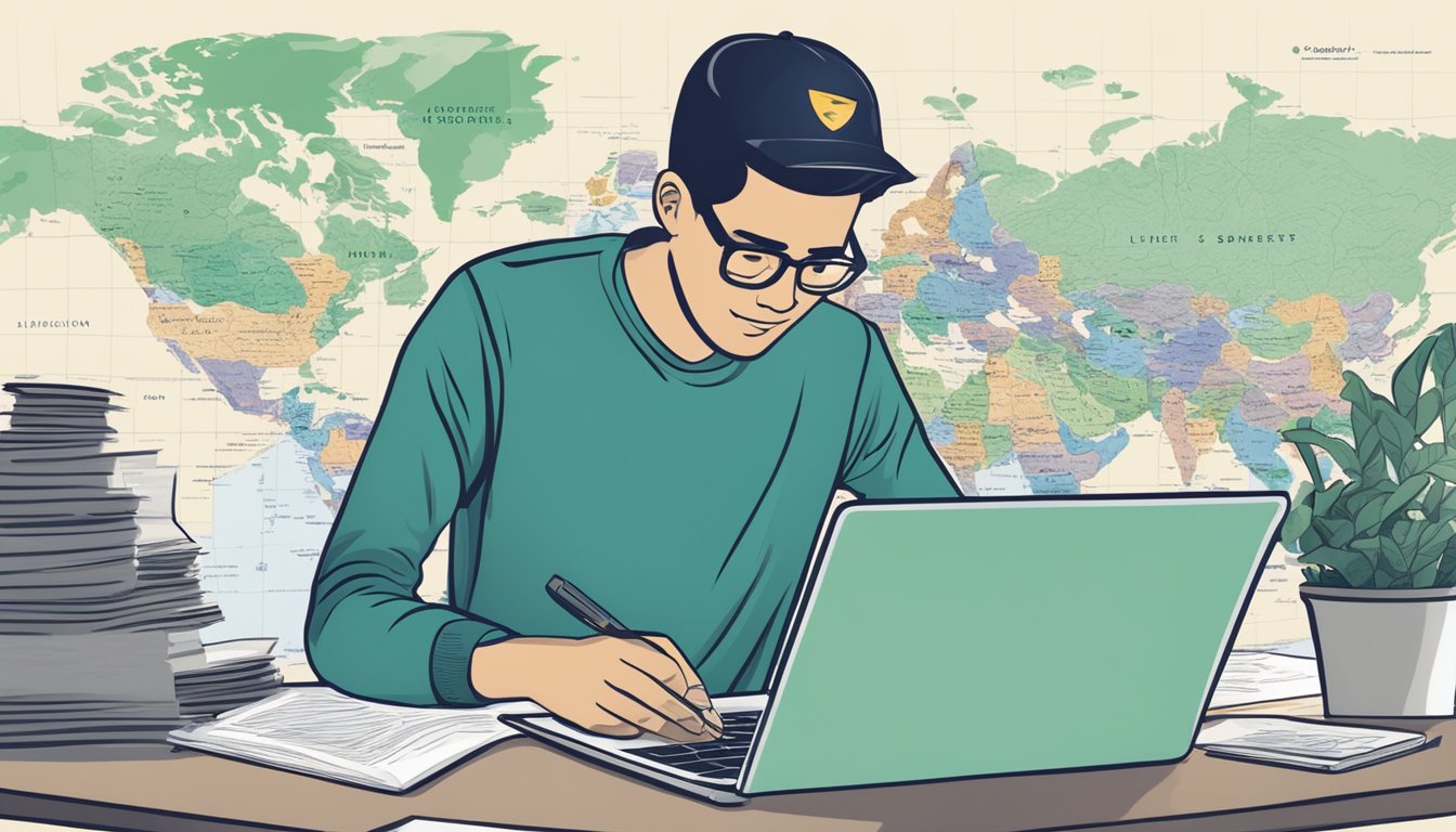 A person researching on a laptop with a list of licensed money lenders and a map of Somerset, Singapore