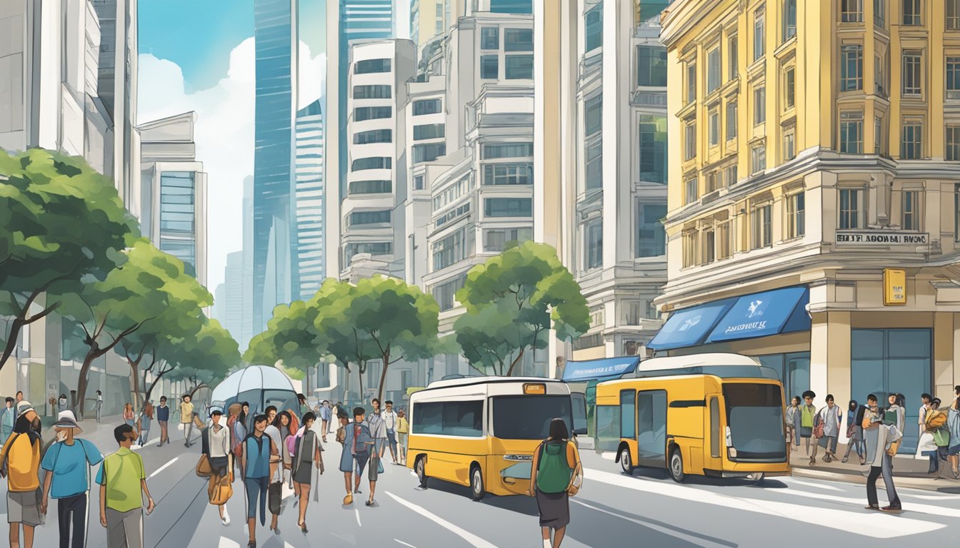 A bustling city street with a prominent sign reading "Best Licensed Money Lender in City Hall Singapore". People walk by, and the buildings in the background show the urban setting