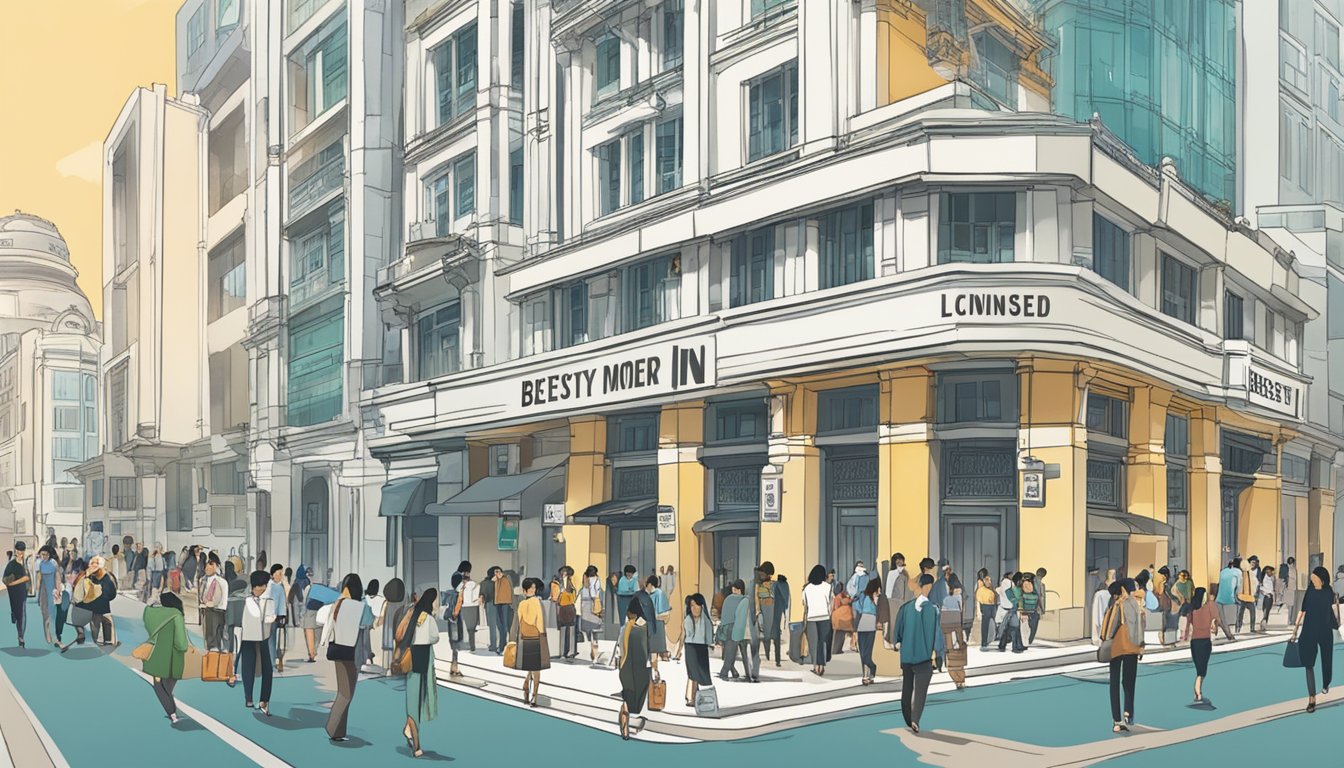 A bustling city street with a prominent sign reading "Best Licensed Money Lender in City Hall Singapore." People are seen entering and exiting the building, indicating a reputable and busy establishment