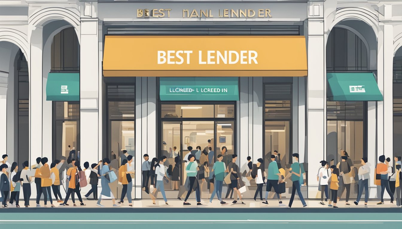 A bustling city street with a prominent building labeled "Best Licensed Money Lender" in City Hall, Singapore. People are seen entering and exiting the building, while others are queuing outside. The atmosphere is busy and professional