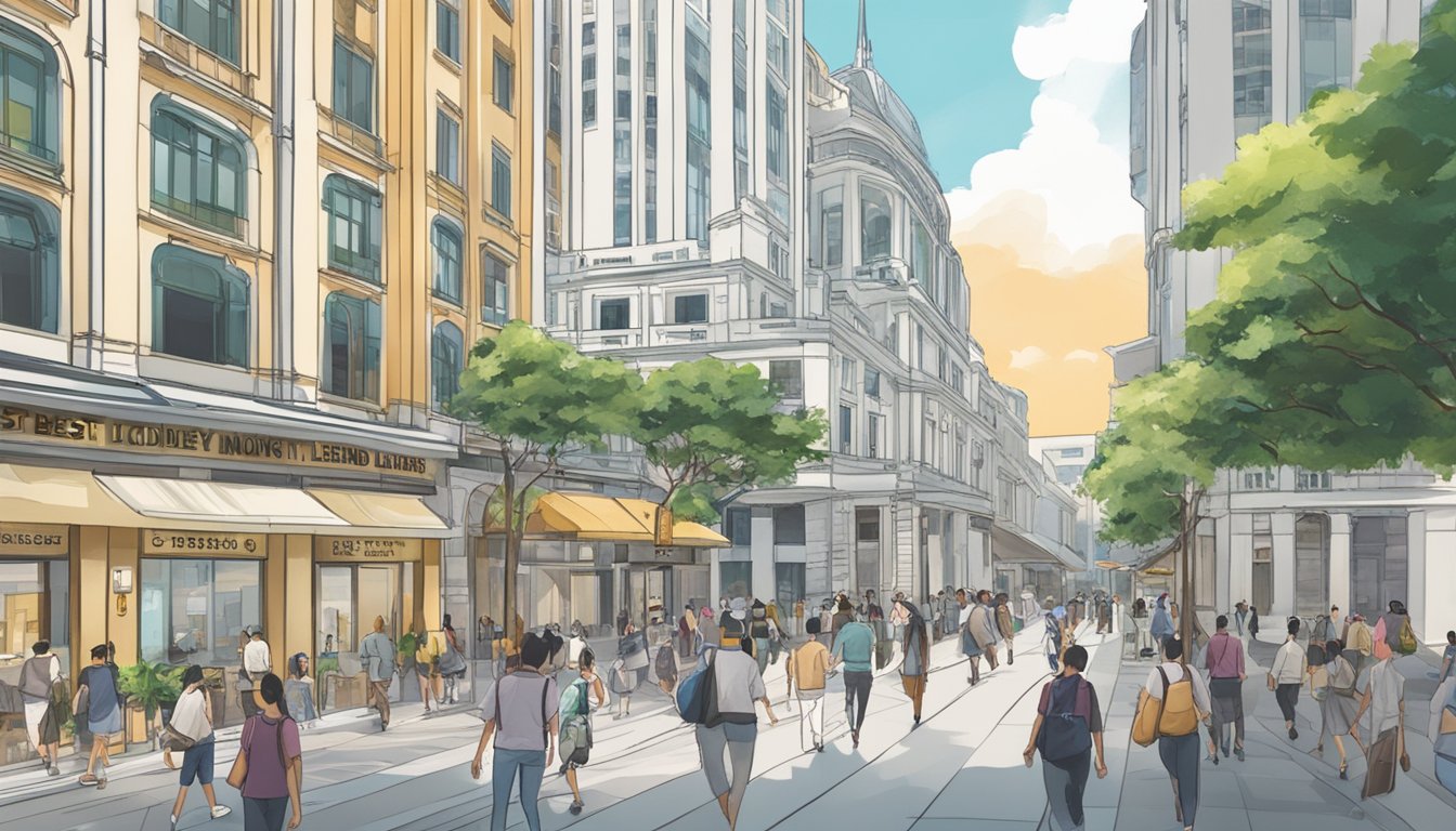 A bustling city street with a prominent sign reading "Best Licensed Money Lender in City Hall Singapore". Pedestrians walk by and a few people are seen entering the building