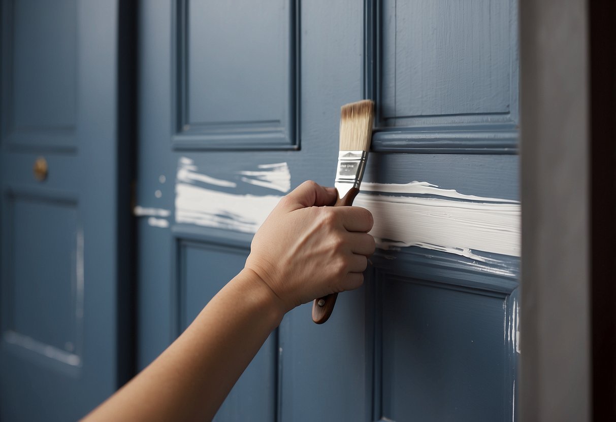A hand holding a paintbrush applies white paint to a stained wood door, covering the surface evenly with long, smooth strokes