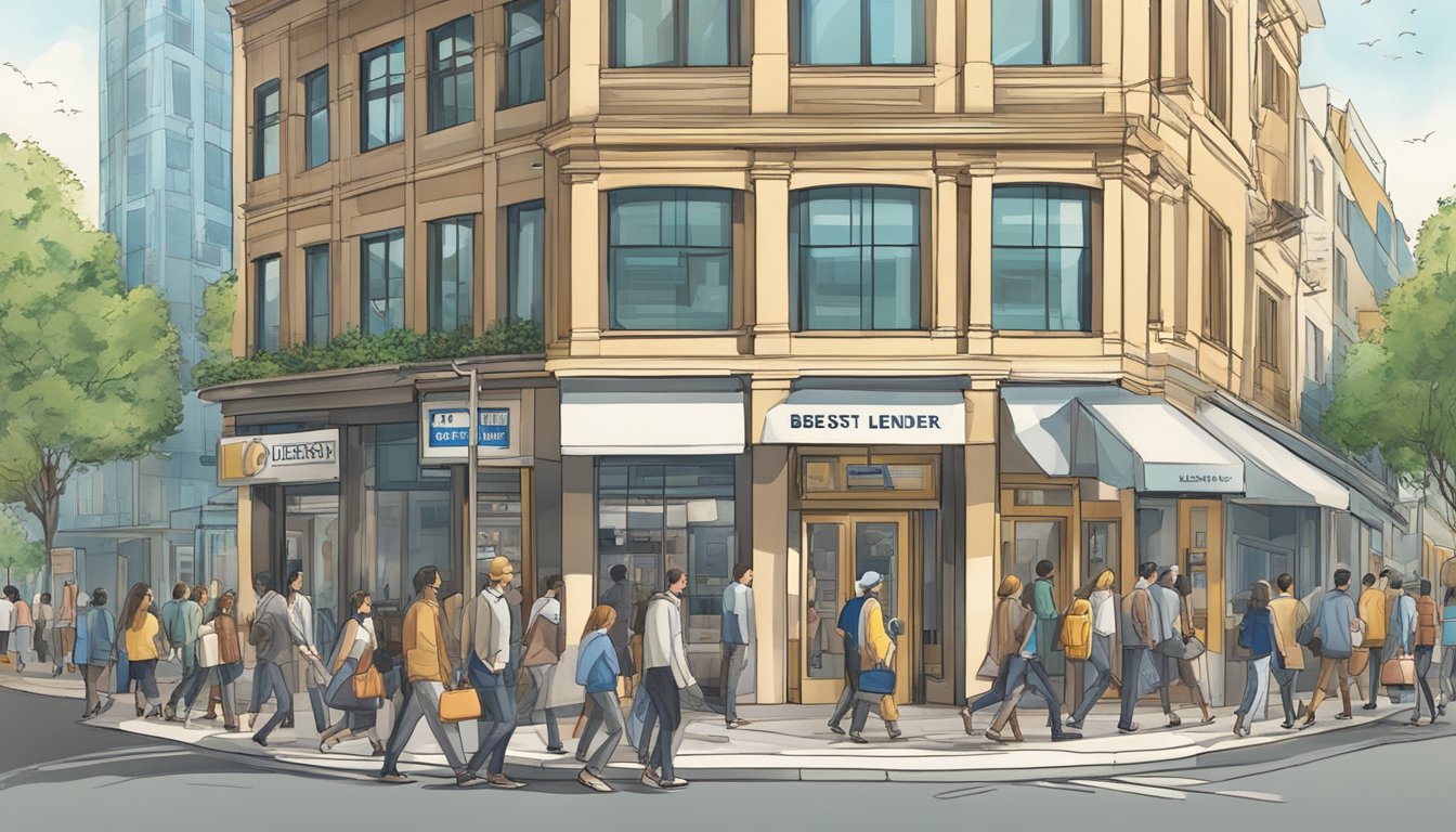 A bustling street in Woodlands North, with a prominent sign for the best licensed money lender. People are entering and exiting the building, and there is a sense of activity and urgency