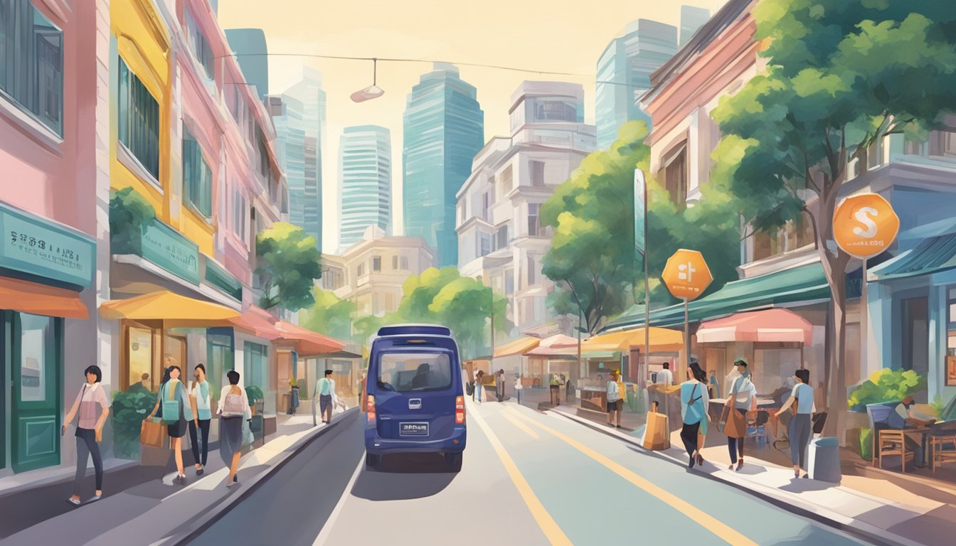 A bustling street near Bright Hill with a prominent sign for the best licensed money lender in Singapore. Bright, inviting atmosphere with potential customers walking by