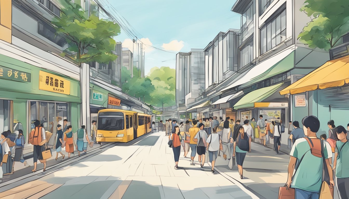 A bustling street in Woodlands, Singapore, with a prominent sign reading "Best Licensed Money Lender Near Woodlands" and a steady flow of people entering and exiting the establishment