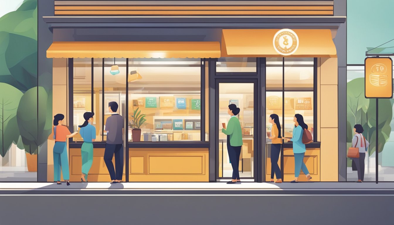 A bright, welcoming storefront with a prominent sign advertising "Best Licensed Money Lender Near Bright Hill Singapore." A line of customers waits inside, while a friendly staff member assists a client at the counter