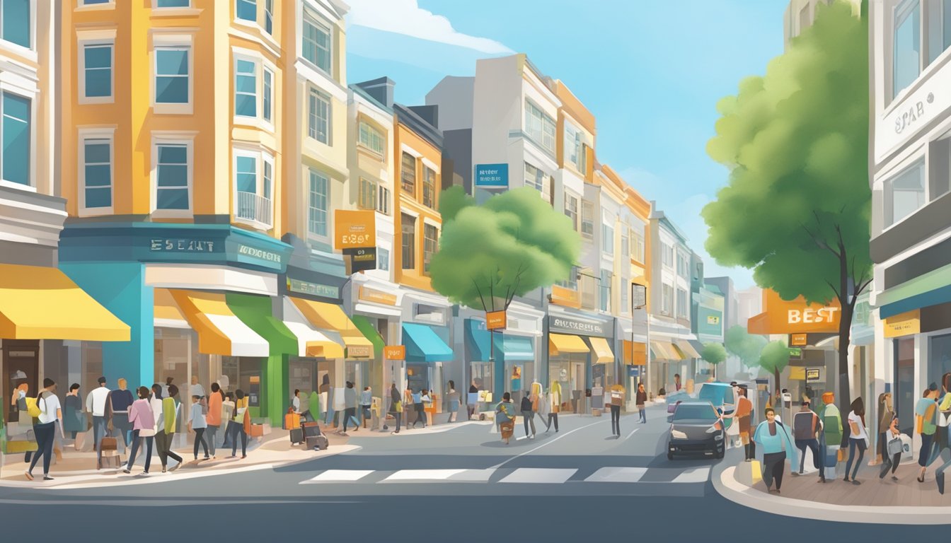 A bustling street in Woodlands South, with a prominent sign for the best licensed money lender. Surrounding shops and busy foot traffic