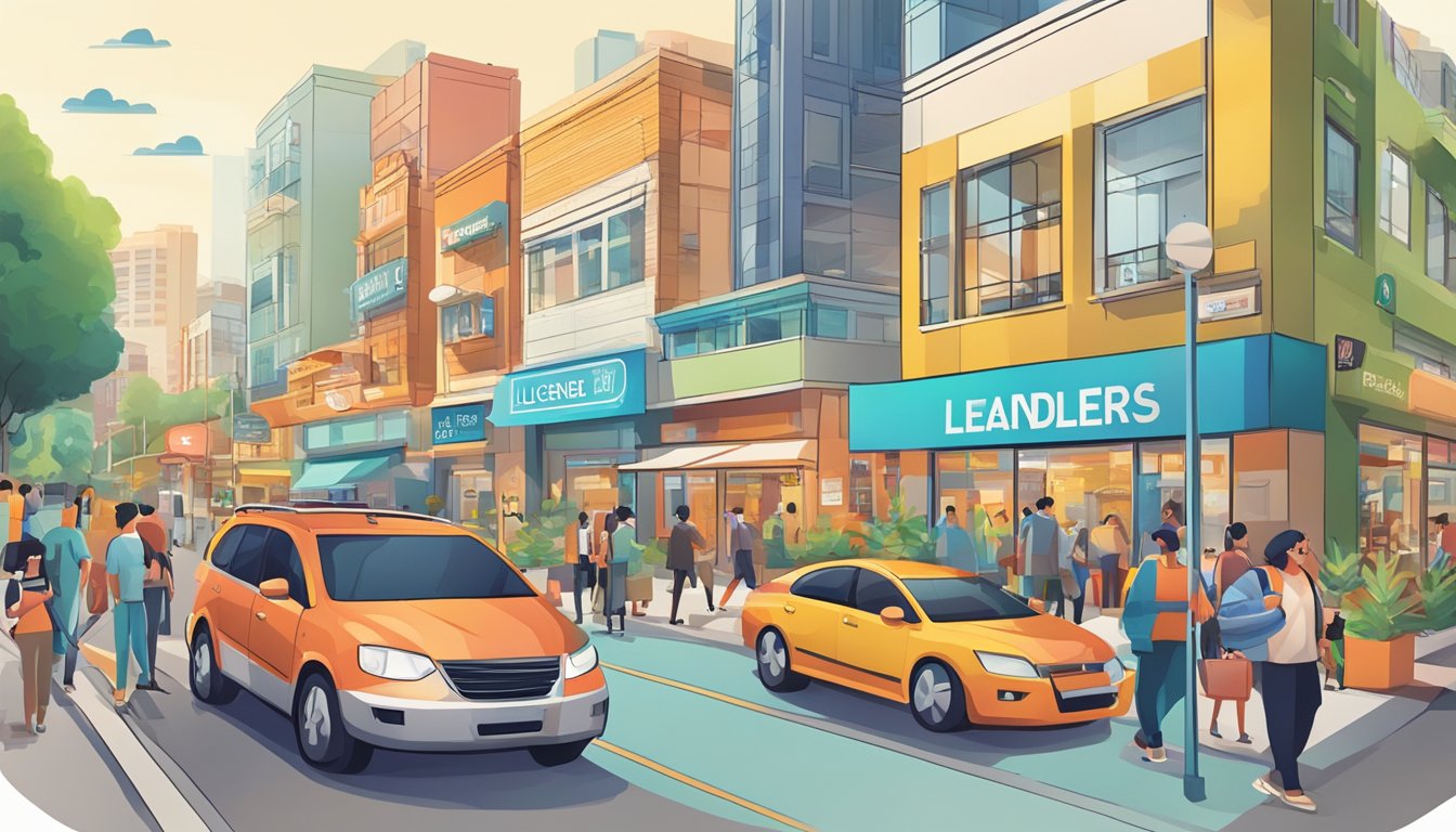 A bustling street in Woodlands North, with a prominent sign for the best licensed money lender. Bright colors and a sense of activity