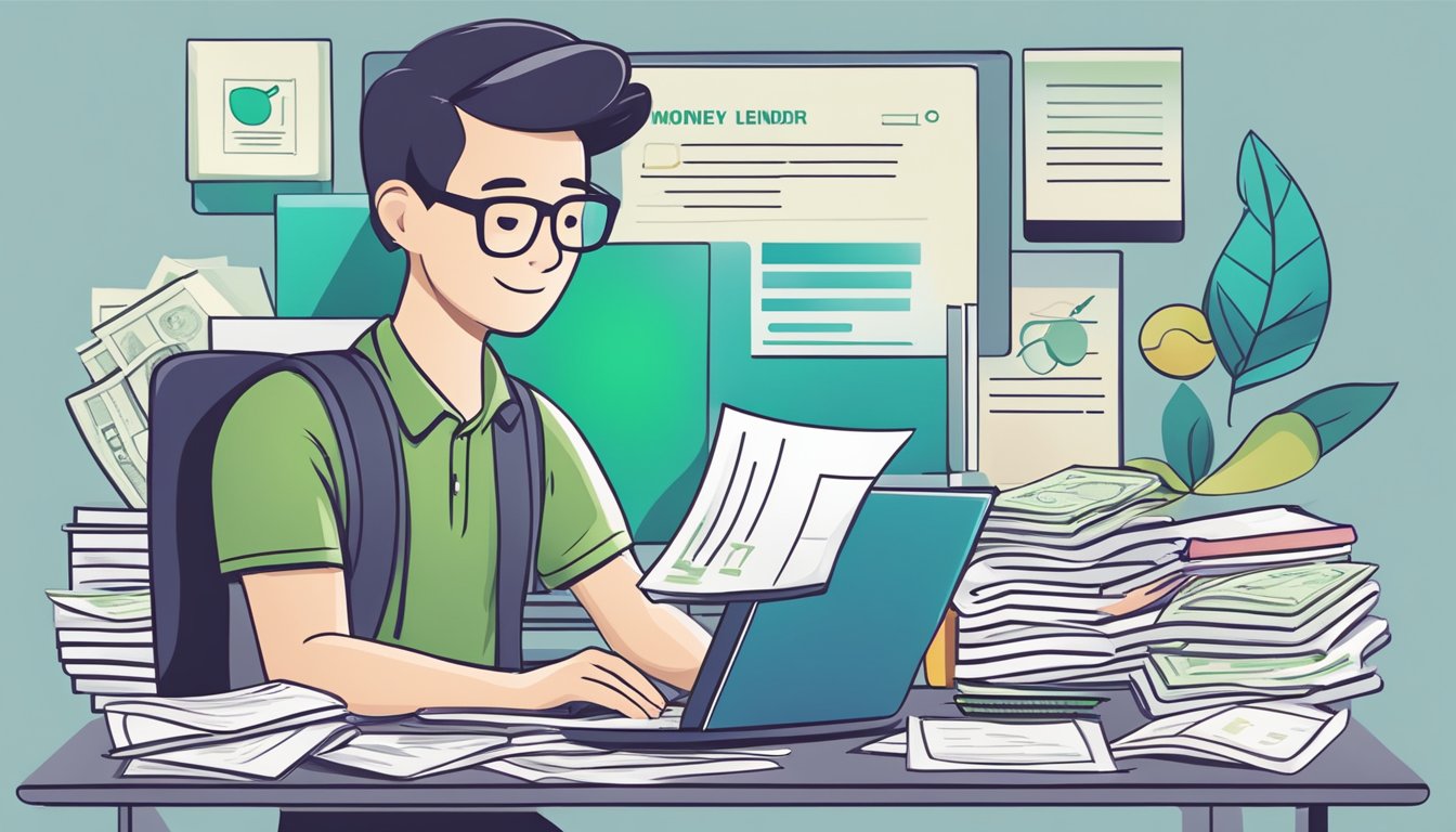A person researching best licensed money lenders in Woodlands North, Singapore, surrounded by financial documents and a laptop