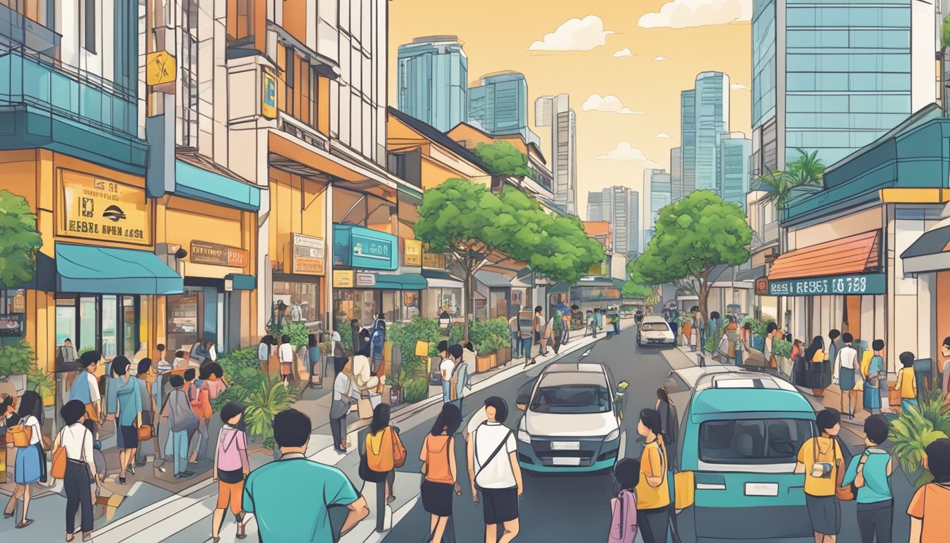 A bustling street near Woodlands South with a prominent sign for the best licensed money lender in Singapore. The area is filled with people and businesses, showcasing a vibrant and active community