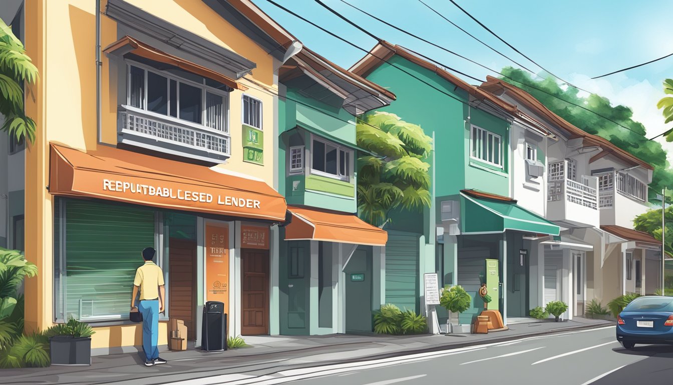 A signboard with the words "Reputable Licensed Money Lender" stands prominently in the bustling neighborhood of Woodlands South, Singapore