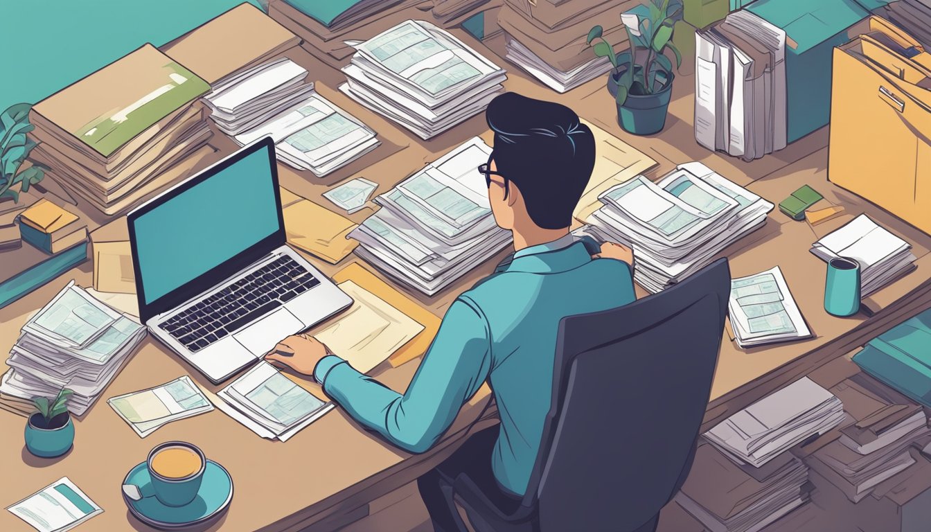 A person sits at a desk, surrounded by paperwork and a laptop, contemplating important considerations before borrowing from a licensed money lender near Woodlands South, Singapore
