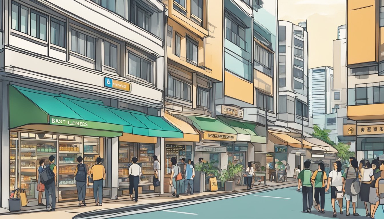 A bustling street in Woodlands, Singapore, with a prominent sign for the best licensed money lender. People can be seen entering and exiting the establishment, suggesting a busy and trusted financial service provider