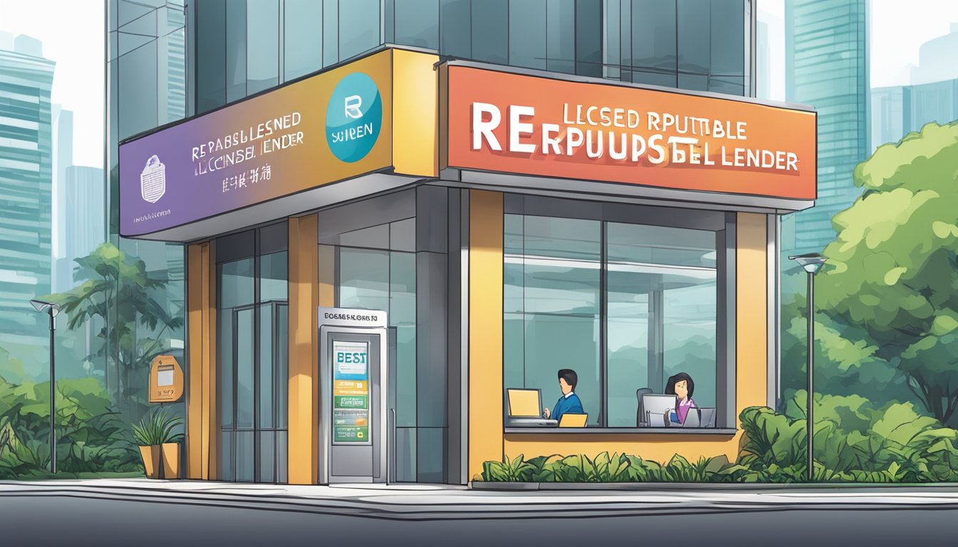 A signboard outside a clean and professional-looking office with the words "Reputable Licensed Money Lender" and "Best Licensed Money Lender Near Woodlands Singapore" prominently displayed