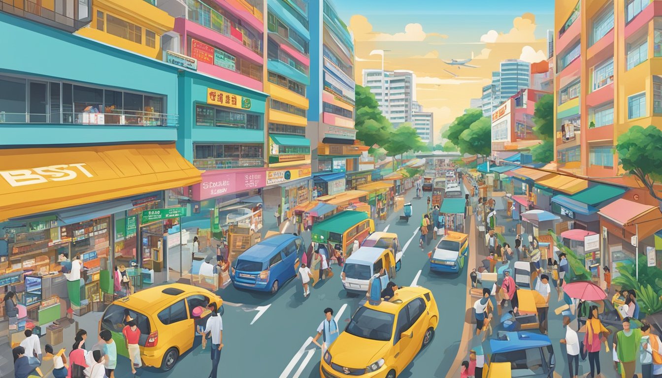 A bustling street in Sungei Bedok, with a prominent sign for the best licensed money lender. Bright colors and busy atmosphere