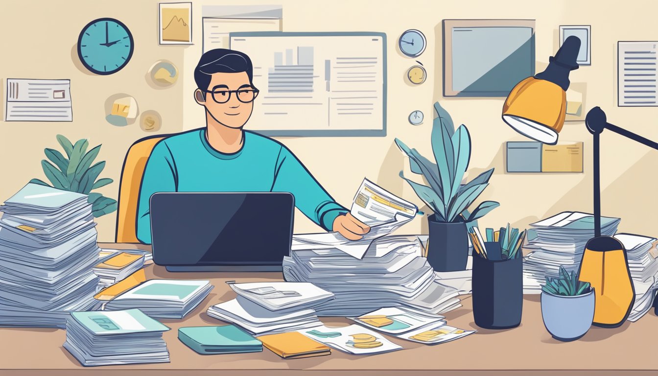 A person sitting at a desk, surrounded by paperwork and a computer, researching best licensed money lenders near Woodlands, Singapore