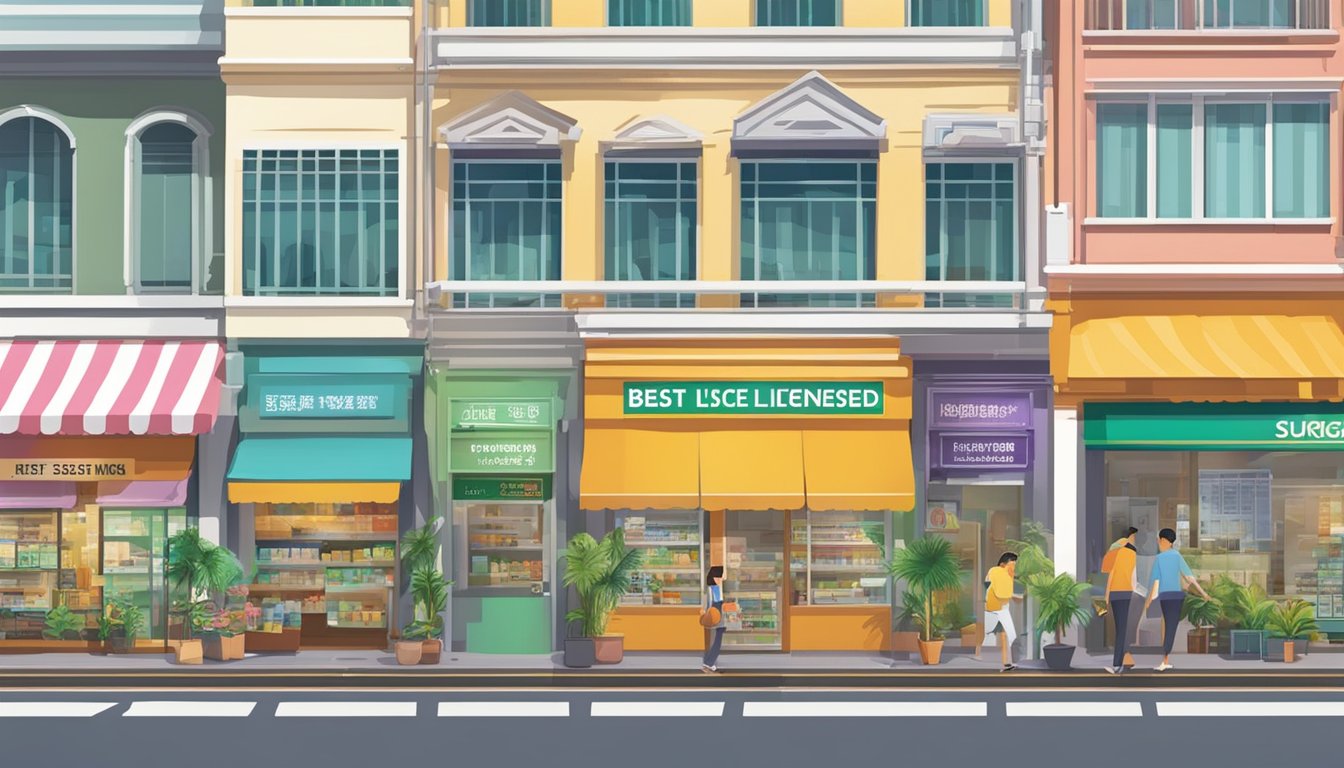 A sign displaying "Best Licensed Money Lender In Sungei Bedok Singapore" against a backdrop of a bustling street with diverse storefronts