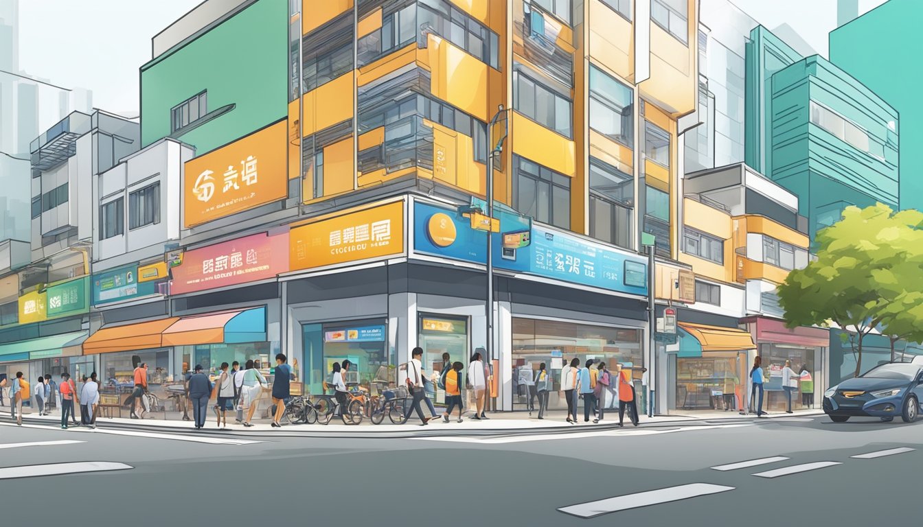 A bustling street in Sungei Bedok, Singapore, with a prominent licensed money lender storefront. Bright signage and a steady flow of customers