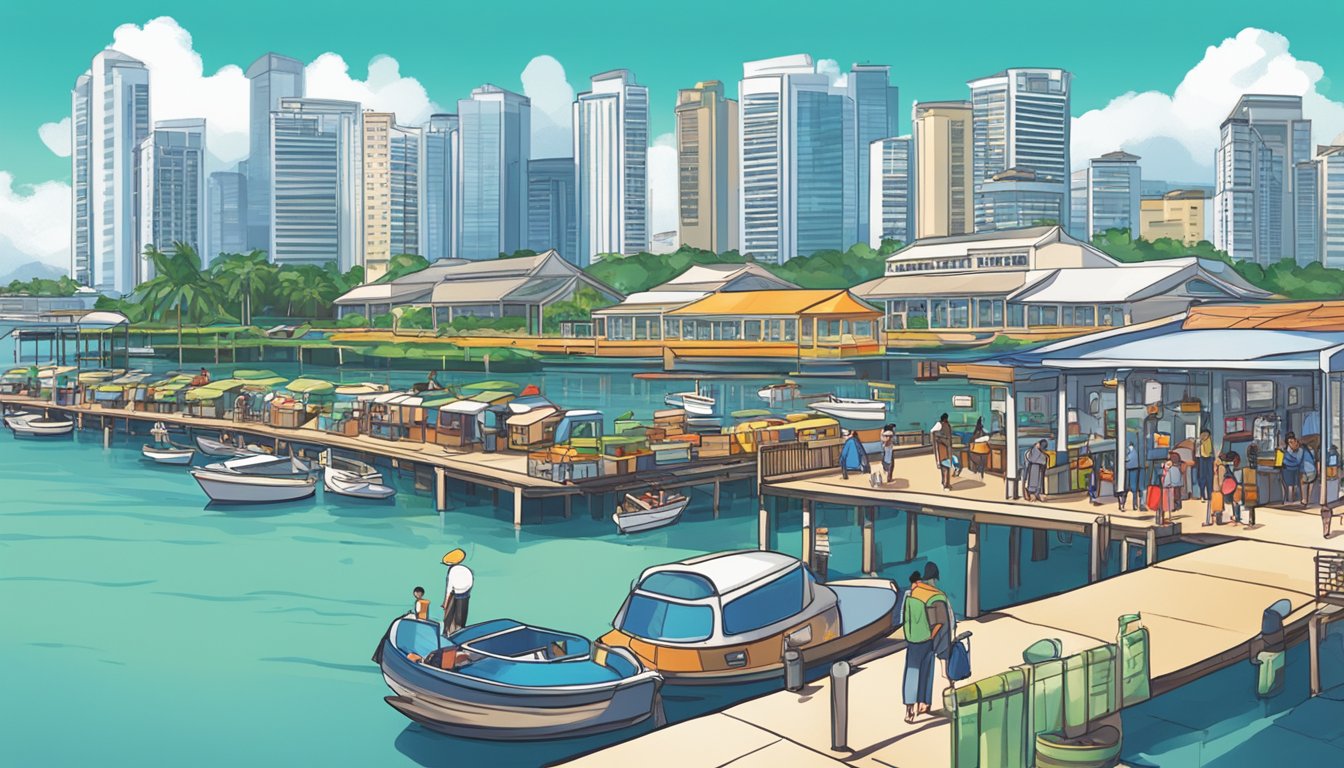 A bustling Marina South Pier with a prominent sign for the "Best Licensed Money Lender" in Singapore. The pier is filled with activity and surrounded by boats and water