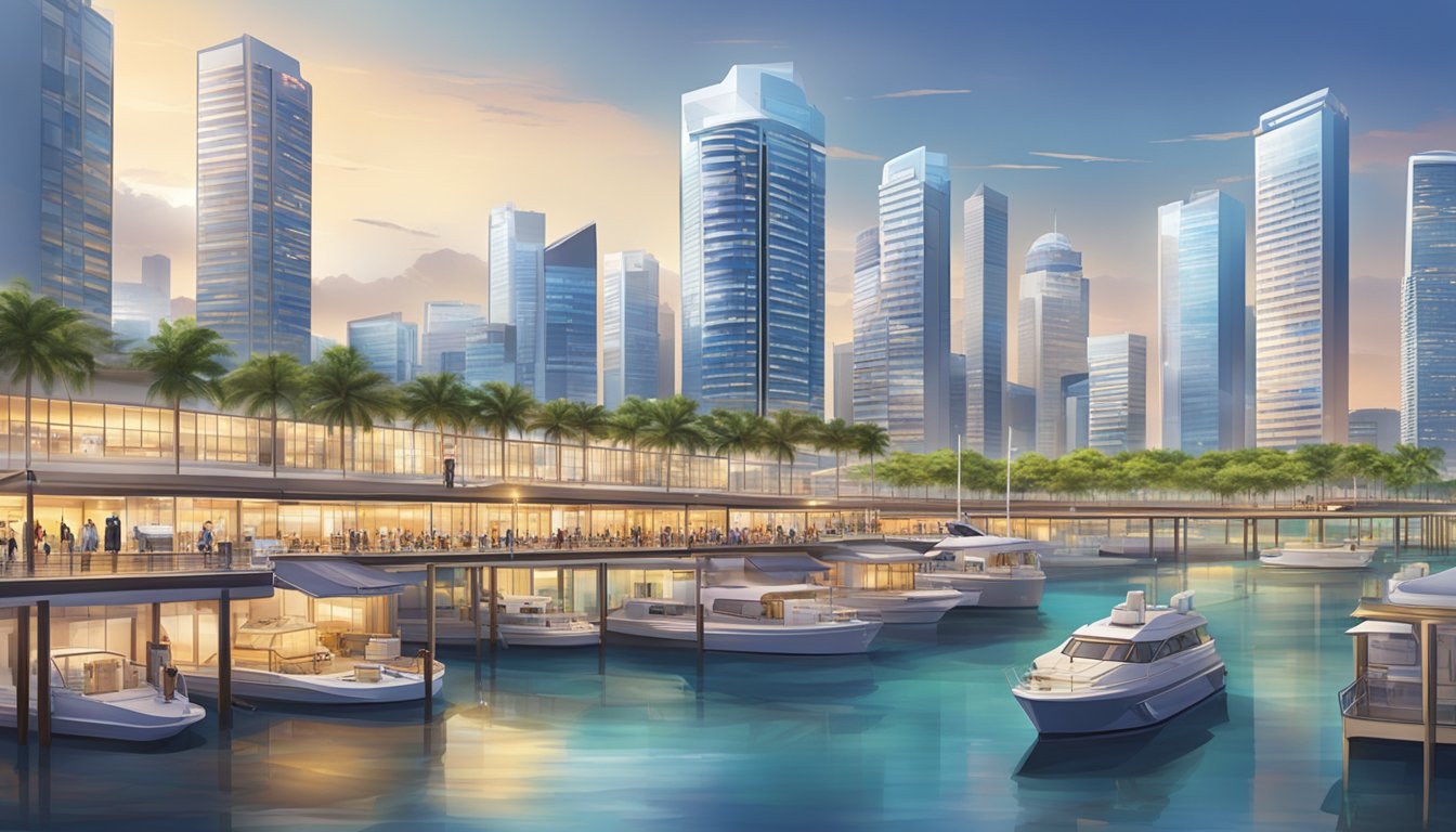 A bustling marina with clear signage for the best licensed money lender in Marina South Pier, Singapore. Bright, modern, and professional atmosphere
