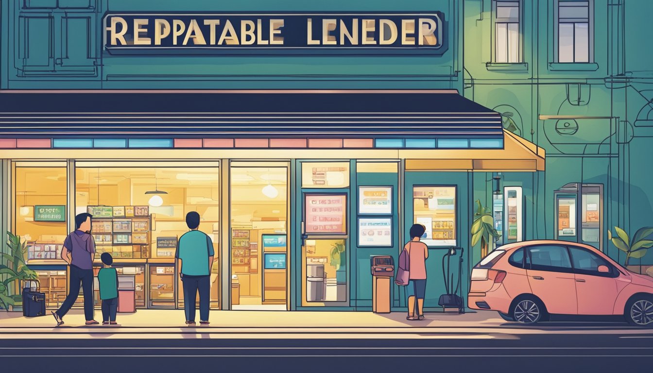 A brightly lit storefront with a bold sign reading "Reputable Licensed Money Lender" in Marina South Pier, Singapore. A line of customers waits patiently outside