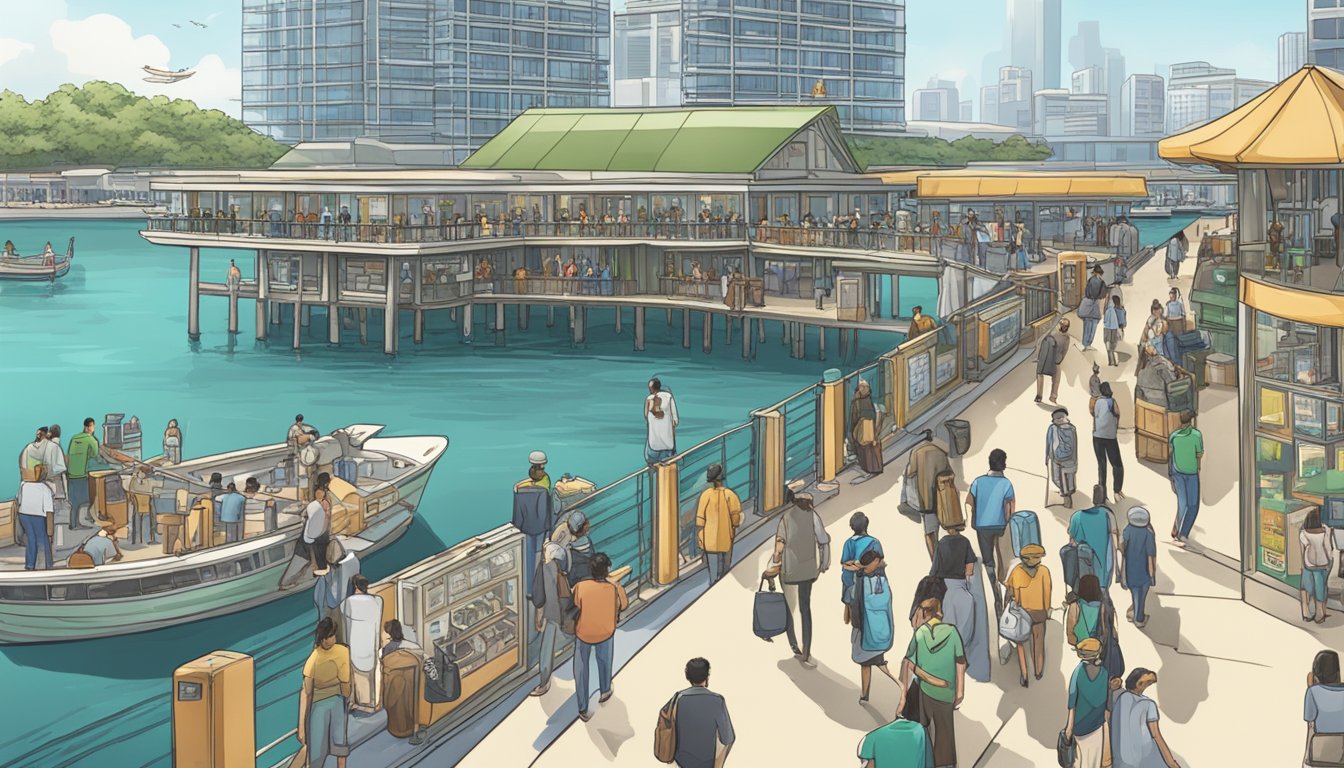 A bustling Marina South Pier with a prominent money lending office, surrounded by people seeking financial assistance