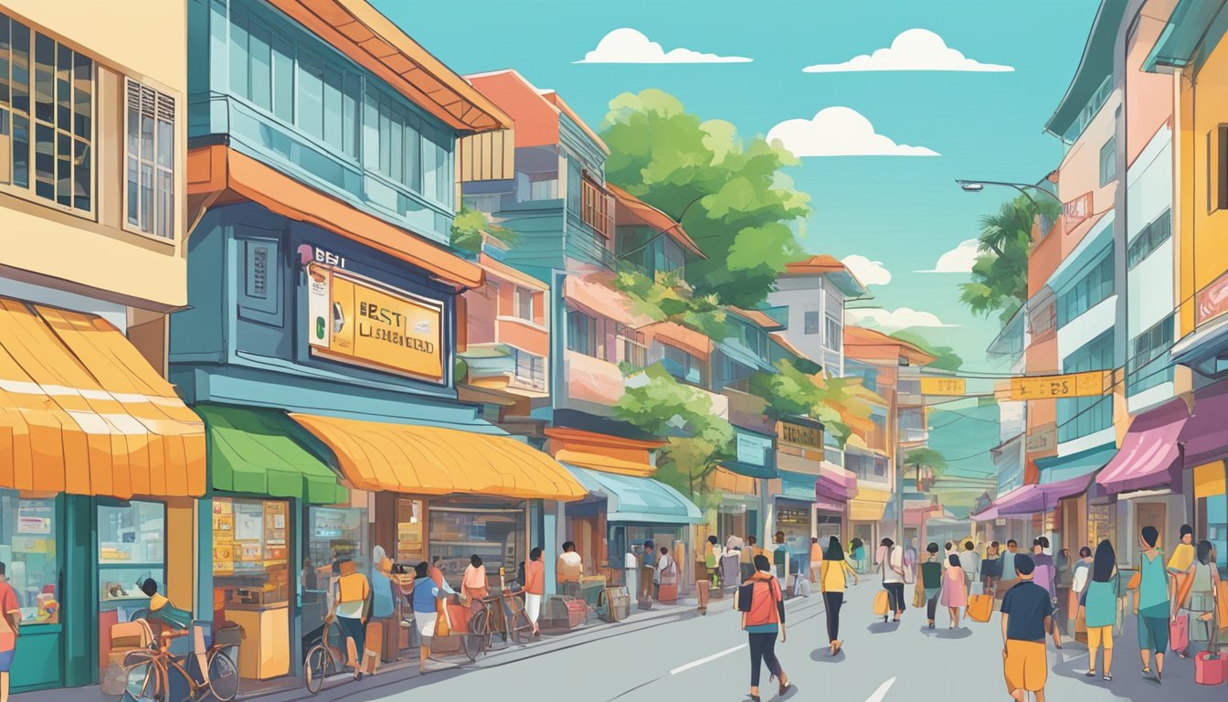 A bustling street in Pasir Ris, with a prominent sign reading "Best Licensed Money Lender". Brightly colored storefronts and a steady flow of people