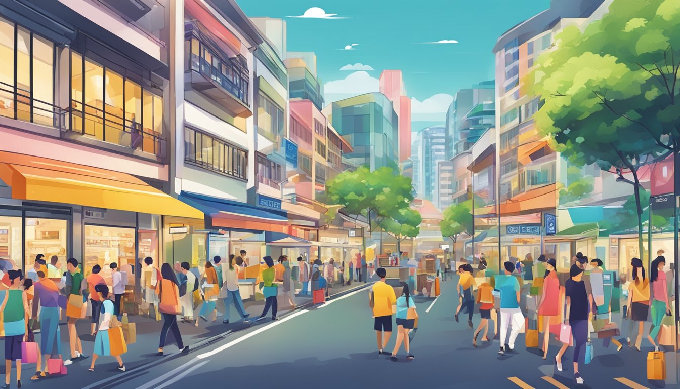A bustling street in Pasir Ris, with a prominent sign for the Best Licensed Money Lender. Bright colors and busy foot traffic